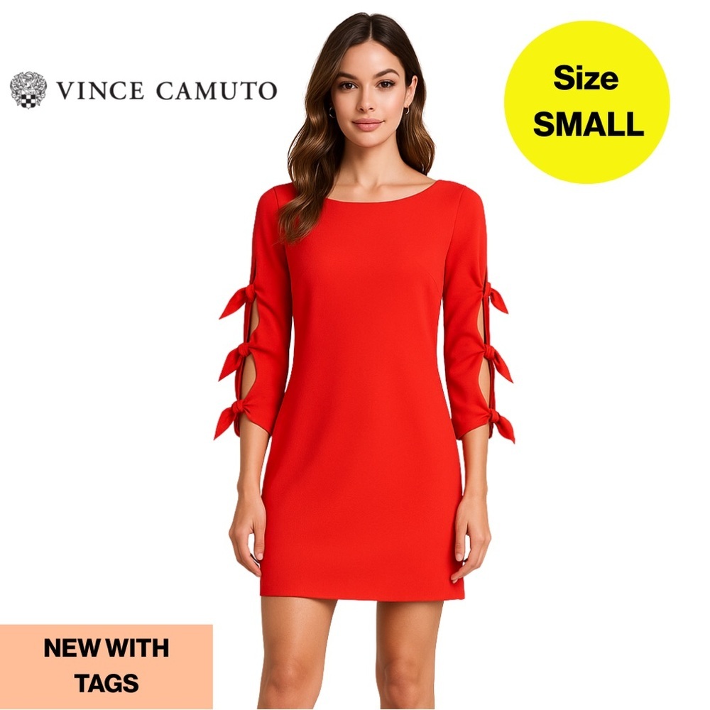 NEW w TAGS🔖 VINCE CAMUTO Orangy Red Bow Sleeve Mini Dress ♥️ (Size Small)